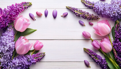 Purple Wisteria And Pink Tulips Arranged On A White Wooden Surface