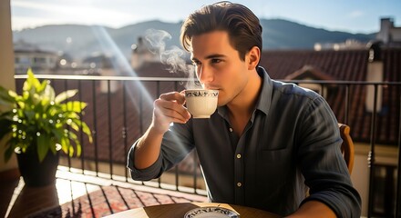 Man drinking coffee on a balcony with a view of buildings and mountains in the background on a sunny day