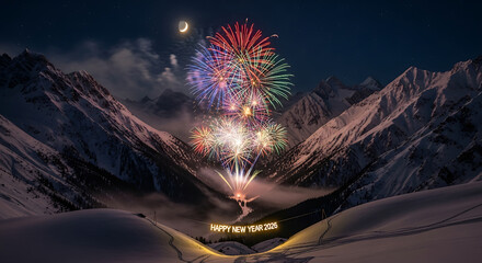 Dazzling fireworks illuminate the majestic snow-capped mountains, creating a breathtaking celebration of new beginnings under the serene winter night sky