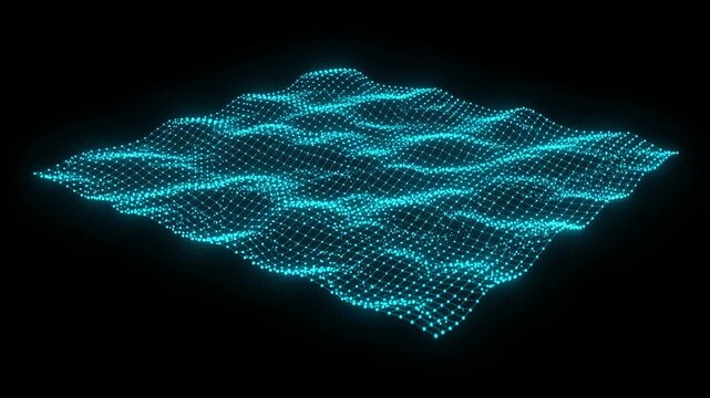 Abstract glowing blue wireframe mesh surface with wave pattern