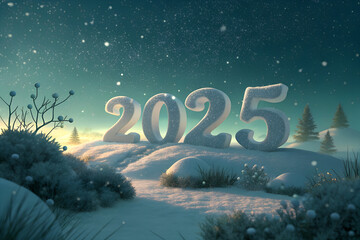 "Enchanting Snowy Landscape Welcoming 2025 with Sparkling White Snow Numbers Under a Starry Dusk Sky"