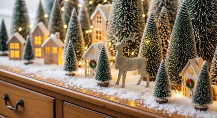 Cozy christmas village scene with glitter reindeer and lights