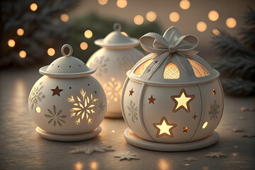 "Enchanting Winter Glow: A Trio of White Ceramic Christmas Lanterns with Snowflake and Star Cutouts Amidst Blurry Fairy Lights"