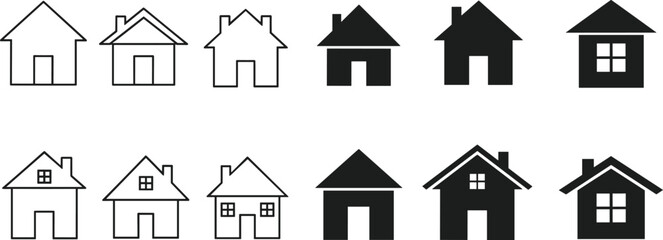 House icon silhouettes, residential building shapes, architectural design elements, black vector homes, urban housing graphics, flat vector illustration