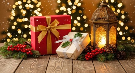Festive christmas scene with gifts, lantern, and snowy bokeh