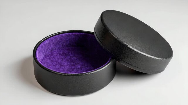 Open black round box with purple velvet interior on gray background
