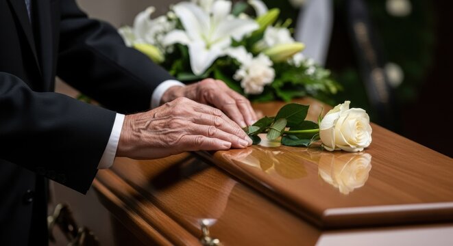 CloseUp of Elderly Man's Hands Placing Single White Rose on Polished Wooden Coffin During Funeral Service.