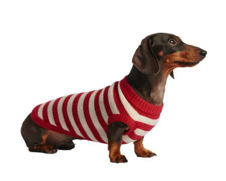 Adorable dachshund dog wears a stylish red and white striped knit sweater, elegant against a dark background. Perfect pet portrait for pet care, fashion, cozy winter themes, and animal lovers. Cute
