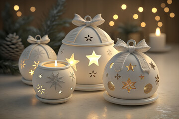 "Enchanting Winter Glow: A Collection of Ceramic Tealight Holders with Star and Snowflake Cutouts Amidst Festive Decor"