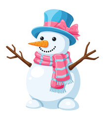 Cute Snowman Character with Pink Scarf and Blue Top Hat