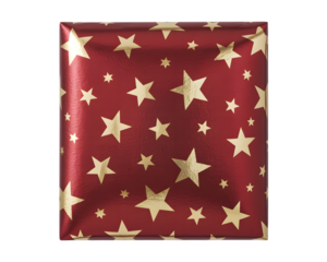 Festive red and gold star-patterned Christmas gift wrapping paper, perfect for holiday season celebrations. Isolated present for seasonal design and gifting themes.