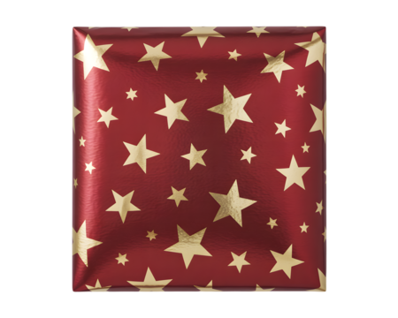 Festive red and gold star-patterned Christmas gift wrapping paper, perfect for holiday season celebrations. Isolated present for seasonal design and gifting themes.
