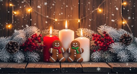 Festive christmas composition: gingerbread men, candles, decor