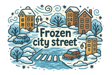 Frozen City Doodle. Frozen city street. Hand-drawn doodle illustration of Frozen city street. icy pavement,