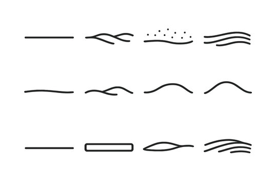 Snowy Fields Icons. Snowy fields. Line outline icon set of Snowy fields: flat snow line, small wave field,