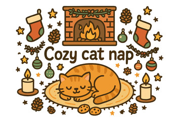 Naklejka premium Cozy Cat Scene. Cozy cat nap. Hand-drawn doodle illustration of Cozy cat nap. sleeping cat, warm fire, soft