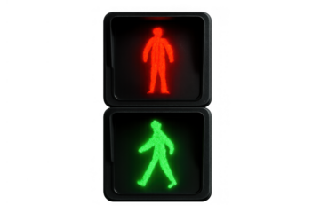 Pedestrian traffic light showing red stop and green walk signals, regulating urban street crossing on transparent background