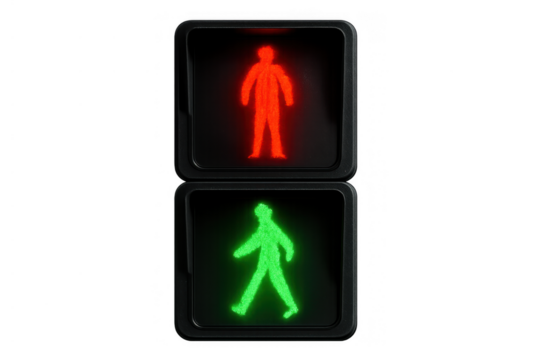 Pedestrian traffic light showing red stop and green walk signals, regulating urban street crossing on transparent background