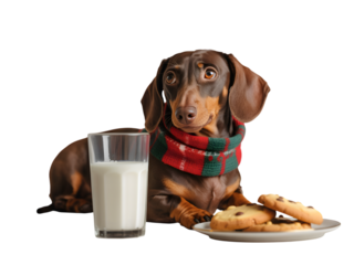 Festive dachshund dog in a cozy plaid scarf poses with delicious milk and cookies, perfect for Christmas banners, holiday promotions, and heartwarming winter pet content. Cute canine bringing joy.