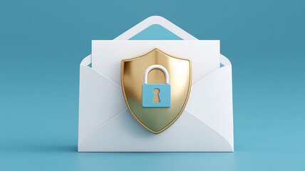A stylized secure email concept represented by a golden shield with a lock symbol over an envelope, emphasizing protected communication and encryption.
