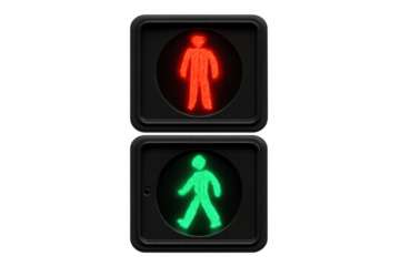Pedestrian traffic light showing red don't walk and green walk signals, indicating safety, rules, and crosswalk control