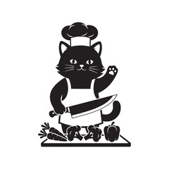 Black cat chef with knife and vegetables on cutting board cooking kitchen