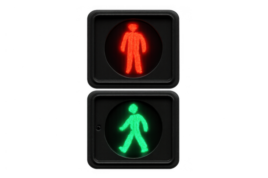 Pedestrian traffic light showing red don't walk and green walk signals, indicating safety, rules, and crosswalk control