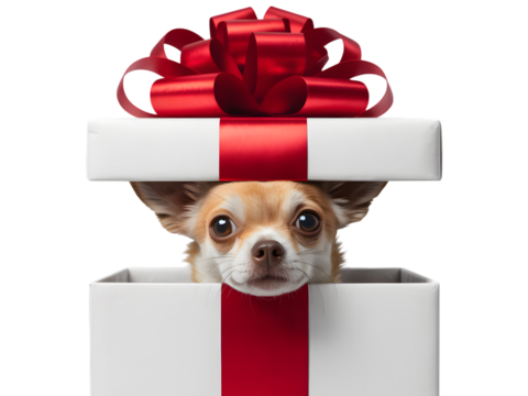 Adorable chihuahua puppy peeks excitedly from a festive Christmas gift box with a bright red ribbon on a clean black background, perfect for holiday marketing.