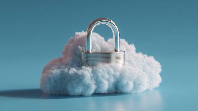 A conceptual image of cloud data security, showing a physical padlock resting on a soft cloud texture to symbolize encrypted cloud storage.
