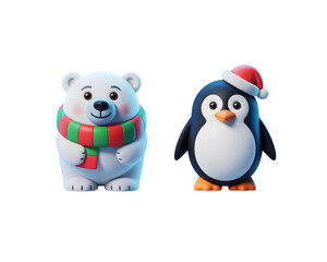 Adorable 3D rendered Christmas polar bear in a festive scarf and cute penguin wearing a Santa hat, perfect for holiday greetings, winter designs, and seasonal promotions.