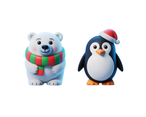 Adorable 3D rendered Christmas polar bear in a festive scarf and cute penguin wearing a Santa hat, perfect for holiday greetings, winter designs, and seasonal promotions.