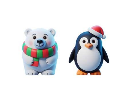 Adorable 3D rendered Christmas polar bear in a festive scarf and cute penguin wearing a Santa hat, perfect for holiday greetings, winter designs, and seasonal promotions.