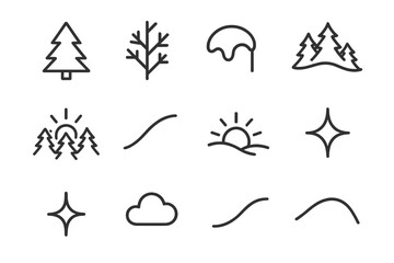 Fototapeta premium Snowy Forest Icons. Snowy forest morning. Line outline icon set of Snowy forest morning: pine trunk, frosted