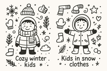 Cozy Winter Children. Cozy winter kids. Hand-drawn doodle illustration of Cozy winter kids. Central doodle