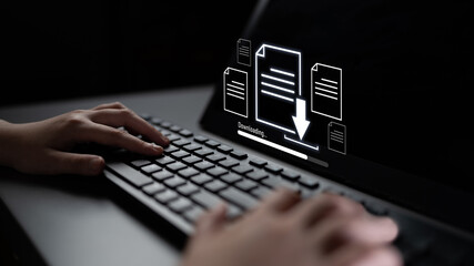 Visual representation of digital document downloading, showing file transfer, data access, and progress status for secure and efficient information retrieval Latch