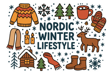 Naklejka premium Nordic Winter Vibes. Nordic winter lifestyle. Hand-drawn doodle illustration of Nordic winter lifestyle. wool