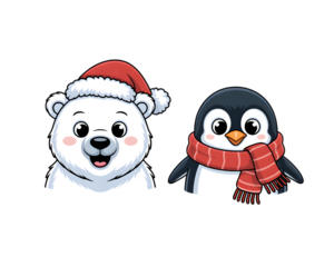 Cute cartoon polar bear in Santa hat and cheerful penguin in red scarf, perfect for Christmas, winter holidays, festive greeting cards, children's designs, and seasonal promotions.