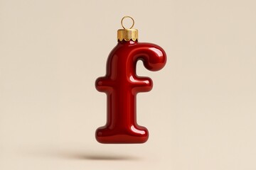 Red Glossy Christmas Ornament Letter F on Beige Background