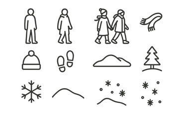 Obraz premium Snowy Couple Silhouettes. Couple walking through snow. Line outline icon set of Couple walking through snow: