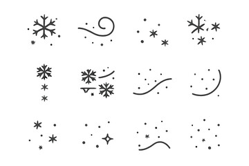 Falling Snow Icons. Falling snow. Line outline icon set of Falling snow: snowflake cluster, soft swirl, tiny