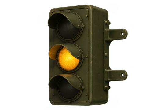 Vintage traffic light showing yellow caution signal for road safety and urban transportation guidance on transparent background
