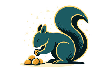 Squirrel's Winter Feast. Nut feast in frost. Tiny snowflakes drift around a squirrel hunched over a pile of