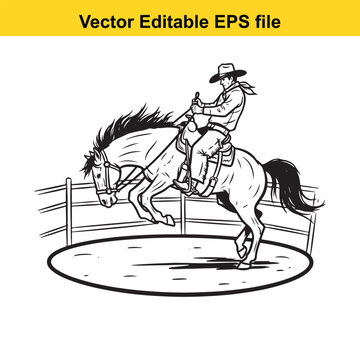 Black and white line art vector illustration of a cowboy riding a bucking horse inside a round pen or arena, isolated on