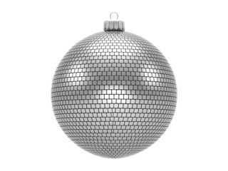Sparkling silver disco ball Christmas ornament on black, ideal for festive holiday party celebrations, New Year's Eve, retro events, and dazzling seasonal decorations. Add glamour to your Christmas