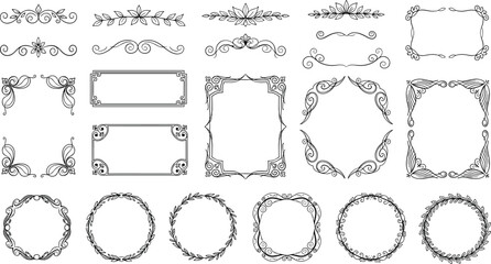 Elegant Hand-Drawn Floral Doodle Frames Set, Vintage Sketch Borders and Swirl Dividers with Leaf Elements, Outline Design for Wedding Invitations, Monograms, Certificates, and Decorative Pages.