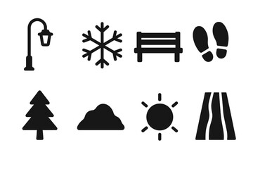Fototapeta premium Winter Night Icon Set. Winter night street. Filled icon set of Winter night street: street lamp, snowflake,