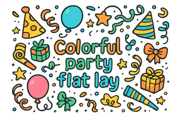 Fototapeta premium Colorful Party Celebration. Colorful party flat lay. Hand-drawn doodle illustration of Colorful party flat lay