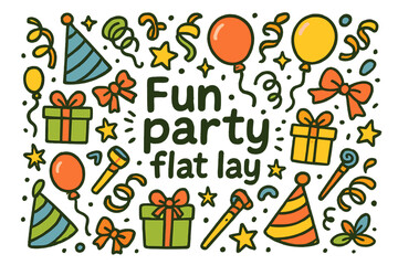 Party Celebration Layout. Fun party flat lay. Hand-drawn doodle illustration of Fun party flat lay. party hats