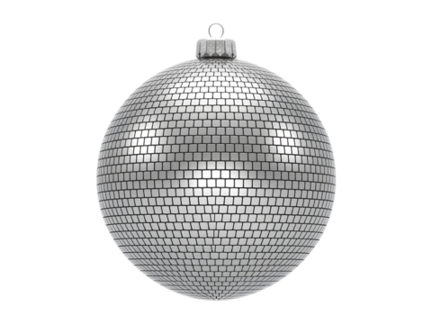Sparkling silver disco ball Christmas ornament on black, ideal for festive holiday party celebrations, New Year's Eve, retro events, and dazzling seasonal decorations. Add glamour to your Christmas
