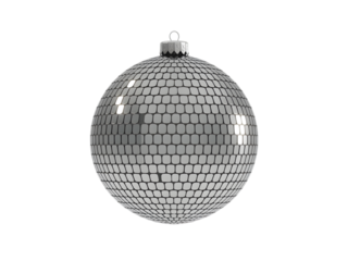 Dazzling silver disco ball on a deep black background, perfect for electrifying party designs, vibrant nightlife promotions, retro event themes, and festive celebration graphics. A shimmering symbo